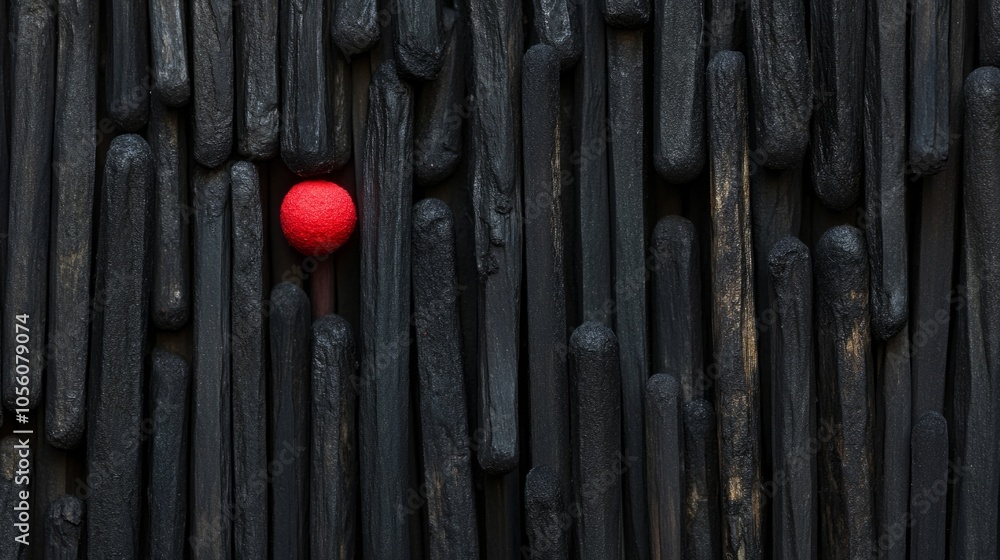 Poster a red matchstick is placed in the middle of a row of black matchsticks