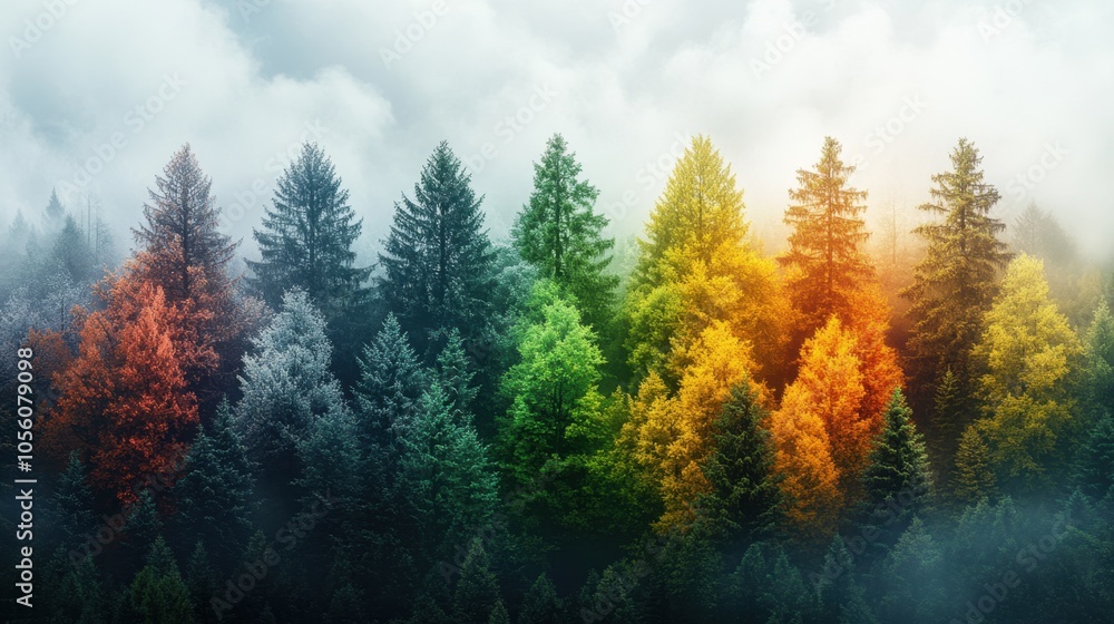 Poster captivating autumn colors blend with misty evergreen trees in a tranquil forest setting at dawn