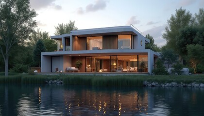 Obraz premium 3D rendering showcases a modern style house with a lake in front, captures the serene beauty of the landscape, ideal for architectural presentations and real estate showcases