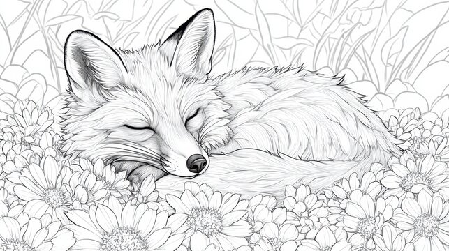 A serene fox rests peacefully among vibrant daisies in a tranquil garden setting during a sunny afternoon, coloring page