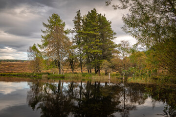 An overcast, still, autumnal HDR image of Loch Ashie on Drumashie moor in the Great Glen, Inverness-shire, Scotland