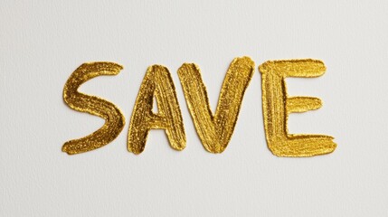 Black script Save the Date text on gold glitter brushstroke, chic and elegant invitation design, white background