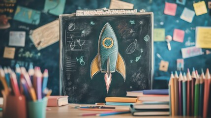 A chalkboard with a rocket drawing on it, surrounded by colorful pencils and books, representing the concept of education and ambition.