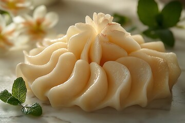 Delicate swirls of creamy frosting adorn a dessert