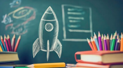 A chalk drawing of a rocket ship on a chalkboard with colored pencils, books, and other chalk drawings.