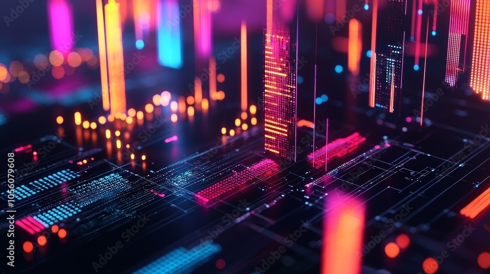 Poster futuristic abstract digital cityscape with neon colors and data structures