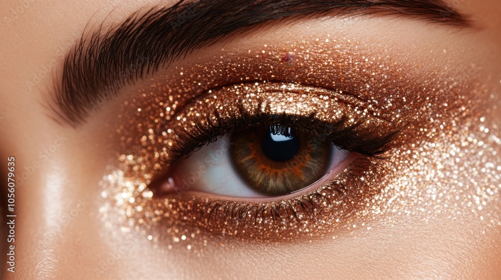 Poster captivating close-up of a mesmerizing eye adorned with shimmering gold glitter during an evening mak