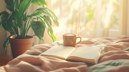 A cup of coffee and an open book lie on a bed in the morning sunlight.