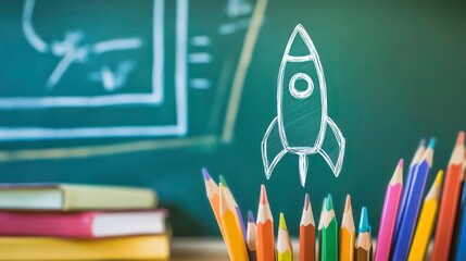 A white rocket drawn on a green chalkboard with a stack of books and colored pencils.