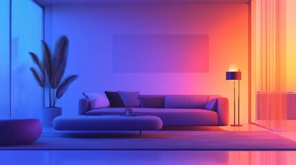 Modern living room with a blue and orange gradient wall, a sofa, a coffee table, a floor lamp, and a plant.