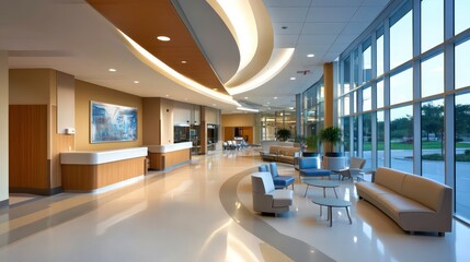 Modern hospital lobby with a reception desk, seating area, and large windows offering a view of the outdoors.