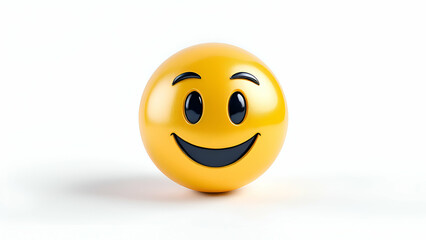 Fototapeta premium A yellow smiley face emoji with black eyes and a wide smile is rendered in 3D and placed on a white background. Its glossy and reflects light.