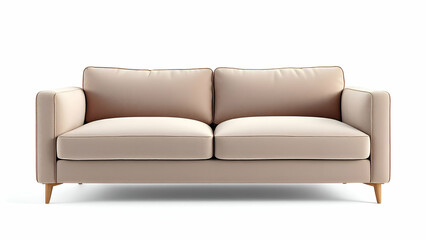 A beige sofa with wooden legs sits on a white background, showcasing its soft upholstery and simple design.
