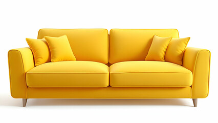 Fototapeta premium A modern yellow sofa with three soft pillows sits on a white background. It has a simple design with a slight curve on the armrests and wooden legs.