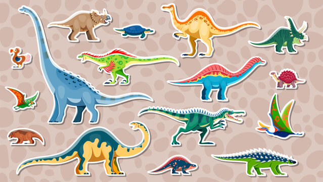Prehistoric dinosaur stickers set. Vector adhesive patches with cartoon herbivores, carnivores and flying ancient reptile animals. Funny decorative badges for scrapbook or kids school fun activities