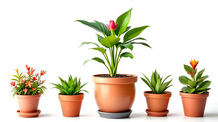 Five Potted Plants with Colorful Flowers and Green Leaves