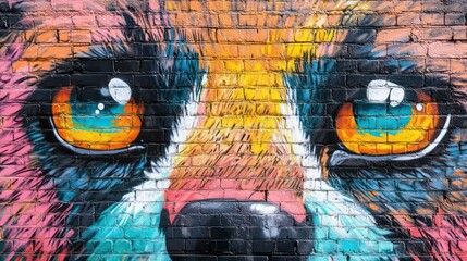 Close-up of a colorful animal mural painted on a brick wall. The eyes are the focal point of the image.