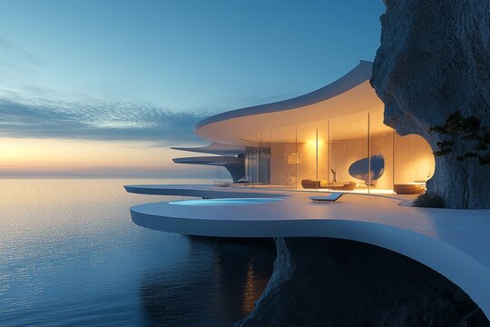 Futuristic cliffside home design with terraces and ocean views blending modern and natural elements