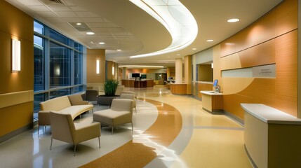 Contemporary hospital reception area with ample seating and soft lighting, showcasing modern healthcare environments