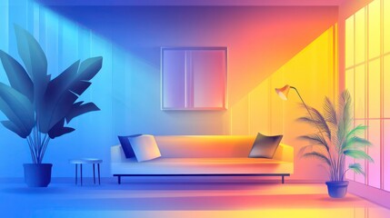Modern living room with a blue and orange gradient wall, a sofa, a coffee table, a floor lamp, and a plant.