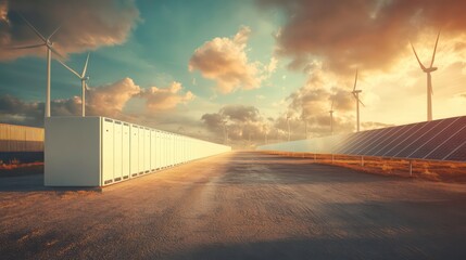 Concept of energy storage batteries system, wind power, wind turbines and Li-ion battery container, and solar panels in the background. Panoramic view with copy space.
