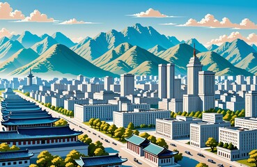 Cityscape of urban and traditional architecture with mountain backdrop