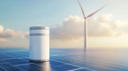 Concept of energy storage batteries system, wind power, wind turbines and Li-ion battery container, and solar panels in the background. Panoramic view with copy space.