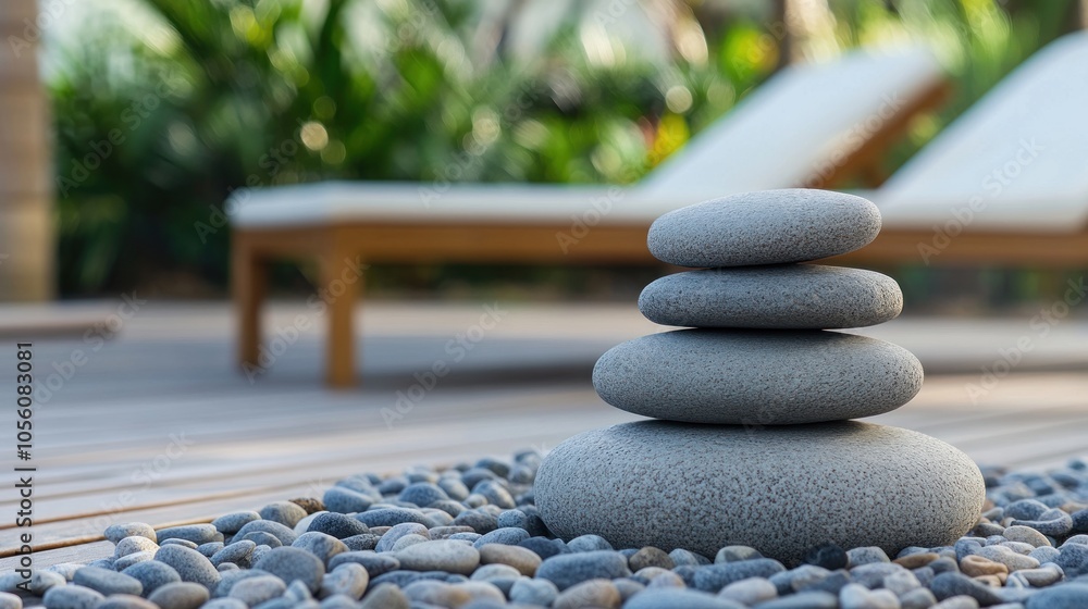 Poster a serene stack of smooth stones on pebbles, creating a calming atmosphere.