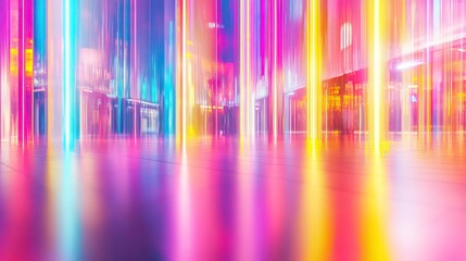 Colorful vertical light trails illuminating a reflective surface, modern abstract design, energetic and vibrant visual