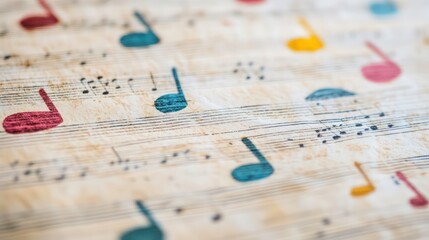 Colorful musical notes pattern on sheet music