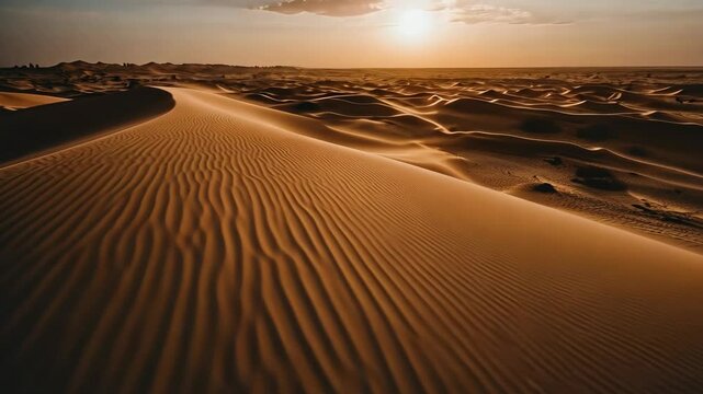 Sand dunes stretch out under a golden sky, creating a stunning landscape in the desert at sunset