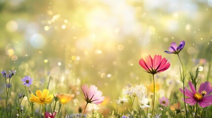 Colorful flower meadow with sunbeams and bokeh lights in summer - nature background banner with copy space - summer greeting card wildflowers spring concept