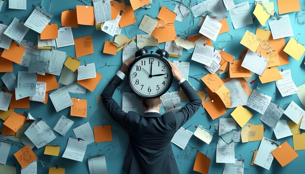 Businessman overwhelmed with time management amid a chaos of sticky notes and reminders. Concept of deadline pressure and multitasking.