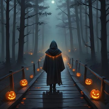 Ghosts and pumpkins for Halloween in a dark and foggy fores