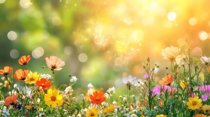 Colorful flower meadow with sunbeams and bokeh lights in summer - nature background banner with copy space - summer greeting card wildflowers spring concept