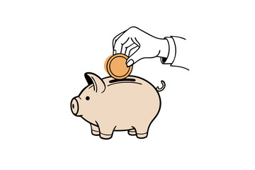 Minimalist Money-Saving Illustration Hand and Piggy Bank Line Art Vector