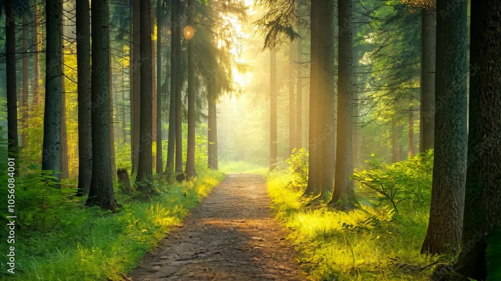 Poster a path through a dense forest with sunlight filtering through the trees