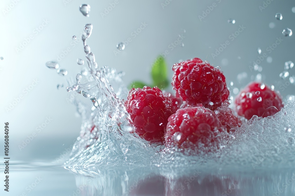 Poster dynamic splash of a raspberry dropping into water captivating photography mockup
