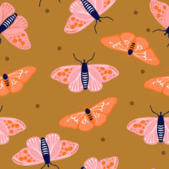 Seamless pattern with Butterflies and dots in shades of Pink, orange and caramel brown colors, hand drawn vector design