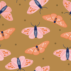 Seamless pattern with Butterflies and dots in shades of Pink, orange and caramel brown colors, hand drawn vector design