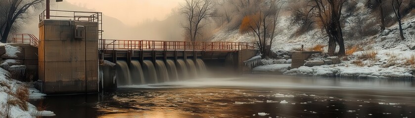 Dam with icy waters flowing through in a winter scene, frosty trees, watercolor style