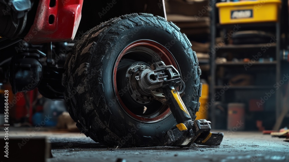 Poster a close-up of a tire with a tool resting against it in a workshop setting.