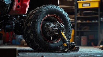 Fototapeta premium A close-up of a tire with a tool resting against it in a workshop setting.