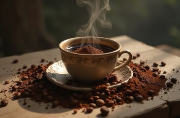 a cup of coffee on the table. fortune telling on coffee grounds