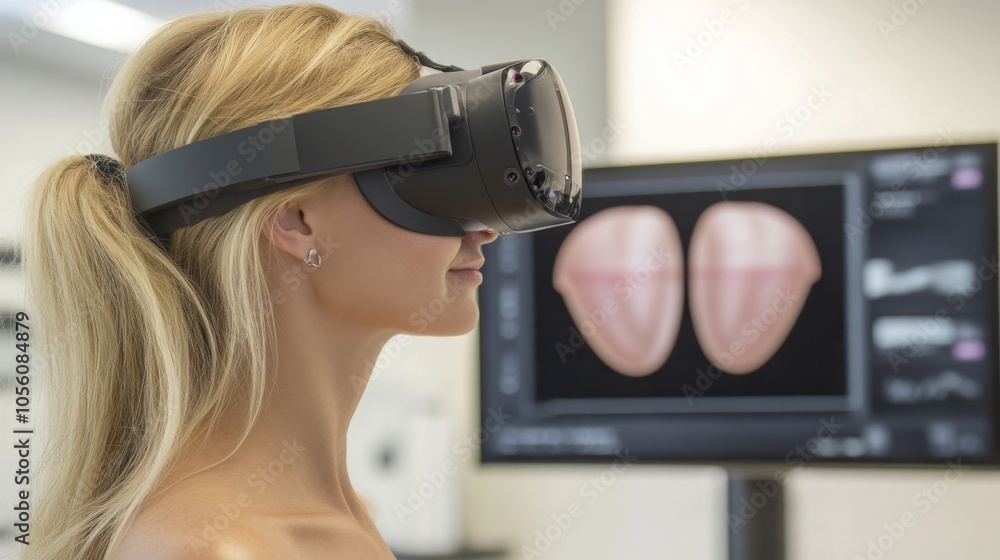 Poster in a contemporary laboratory, a woman wearing a virtual reality headset interacts with advanced anat