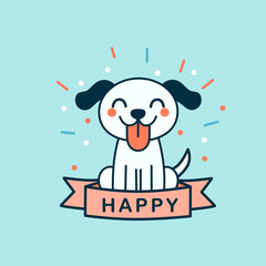 Cute cartoon dog with a happy expression, tongue out, and HAPPY banner below on a blue background. Happy dog. 