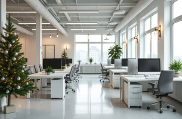 Modern office workspace decorated with garlands,  festive decoration, white interior, openspace office, grey chairs, monitors on white tables, green plants, christmas tree in the corner