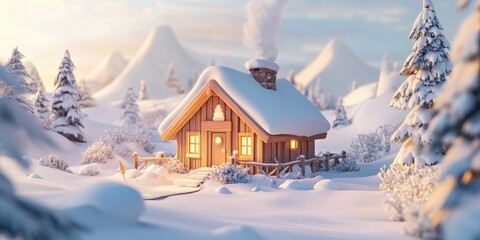 Cozy small chalet nestled in a blanket of snow, perfect for winter vacations