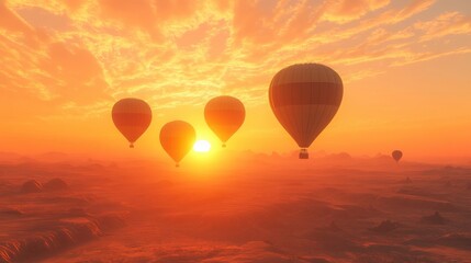 Fototapeta premium Hot Air Balloons in Desert Landscape at Sunset