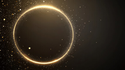 Glowing circular ring of golden sparkles on dark background. Abstract magical and festive light effect concept.
